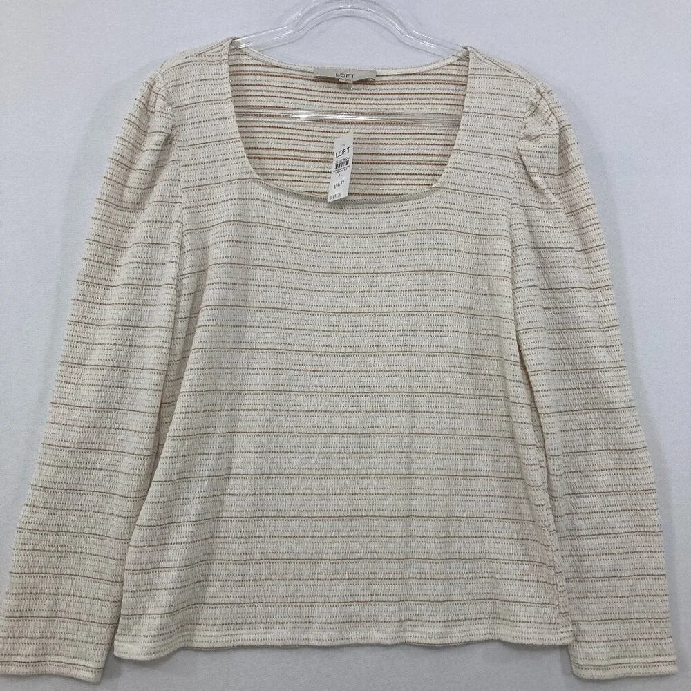 New LOFT size XL Cream Striped Sparkle Puff Sleeve Square Neck Stretch‎ Blouse